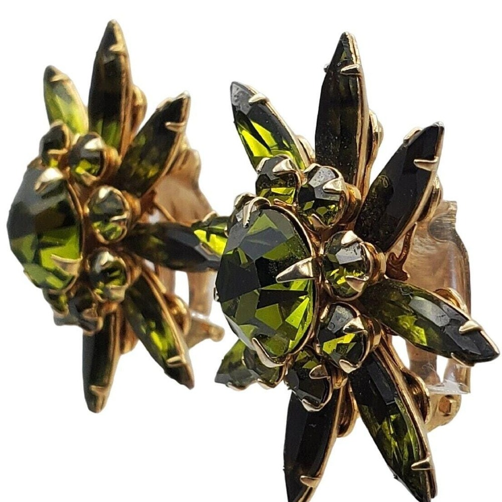 Olive Green Clip Earrings Starburst Rhinestone MCM Judy Lee Flower 1960s Style